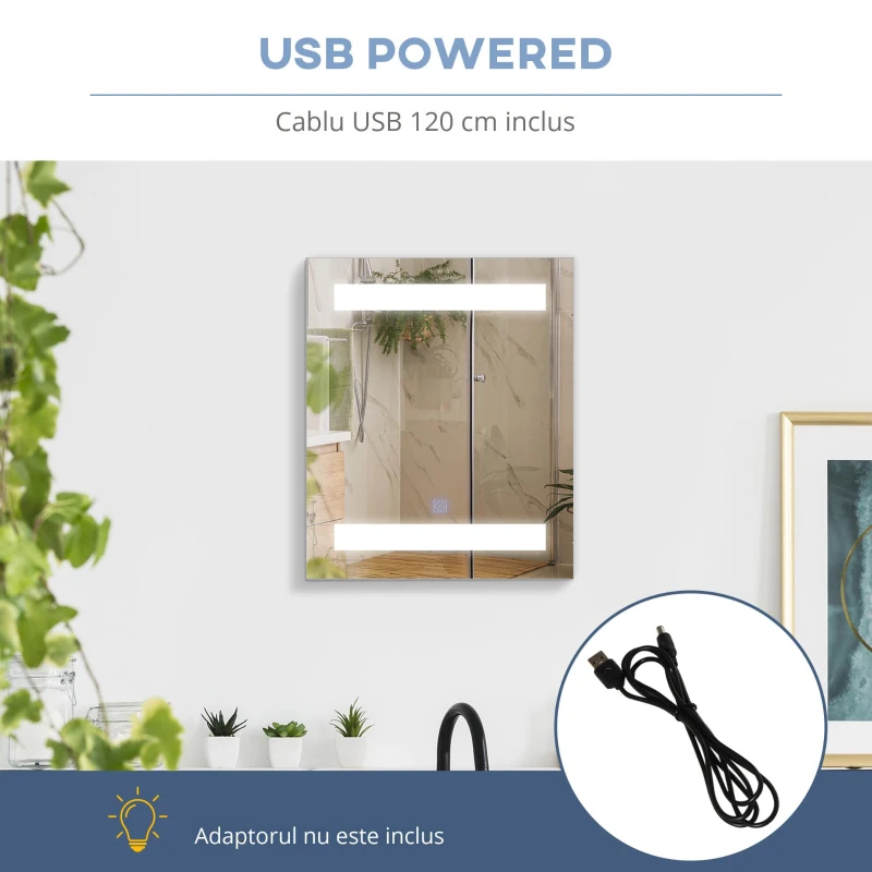 HOMCOM Dulapior de Baie cu 1 Usa, Oglindă și Lumini LED cu Touch și Reglare Intensitate 60 x 50 x15cm