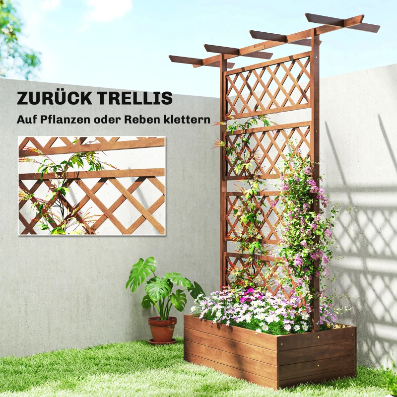 Outsunny Plantenbak met klimrek, vierkante houten plantenbak met achterspalier voor klimplanten en dak