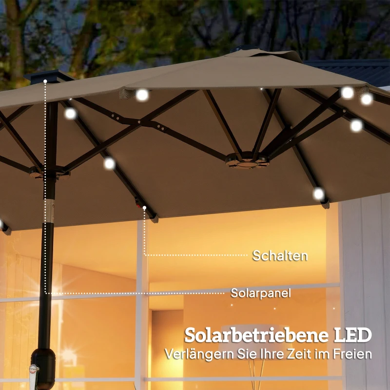 Outsunny Doppelsonnenschirm 292 x 150 cm, Sonnenschirm mit mit LED-Beleuchtung Handkurbel, Knickfunktion Khaki