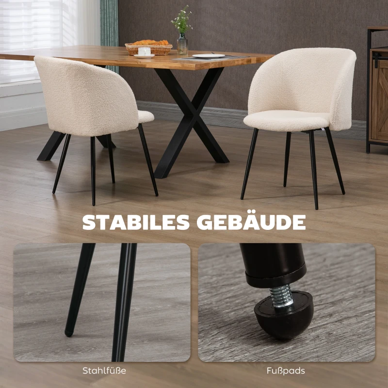HOMCOM 2er-Set Esszimmerstühle, Polsterstühle mit Stoffbezug, Küchenstühle mit Stahlbeinen, gewölbte Rückenlehne, Cremeweiß