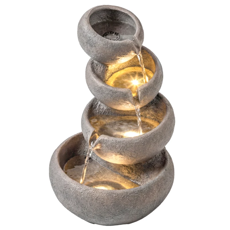 Outsunny Tuinfontein Outdoor van Kunsthars 4-traps Tuinfontein met LED Verlichting Pomp Steenlook 35 x 32 x 50 cm