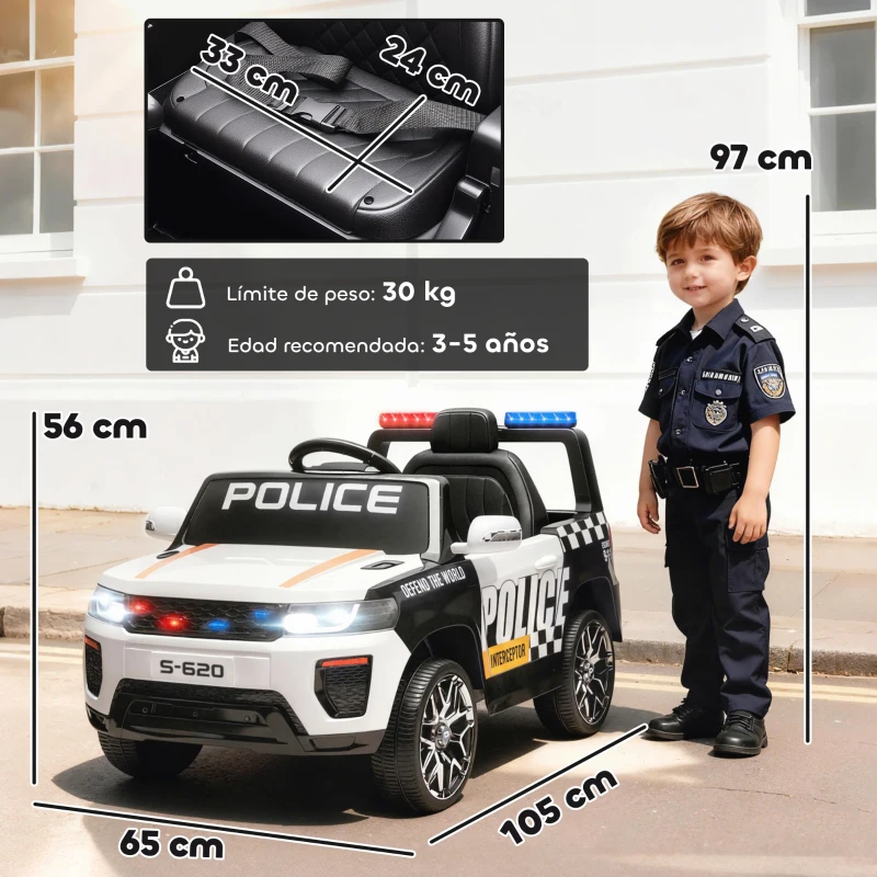AIYAPLAY Coche Eléctrico para Niños de Policía con Mando a Distancia Motor Doble Sirena Suspensión en 4 Ruedas y Faros Blanco