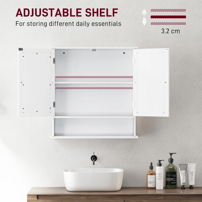 kleankin Dulap Suspendat pentru Baie cu 2 Uși cu Oglindă și Raft Deschis, Raft Interior Reglabil, Mânere Metalice, 56x13x58 cm, Alb