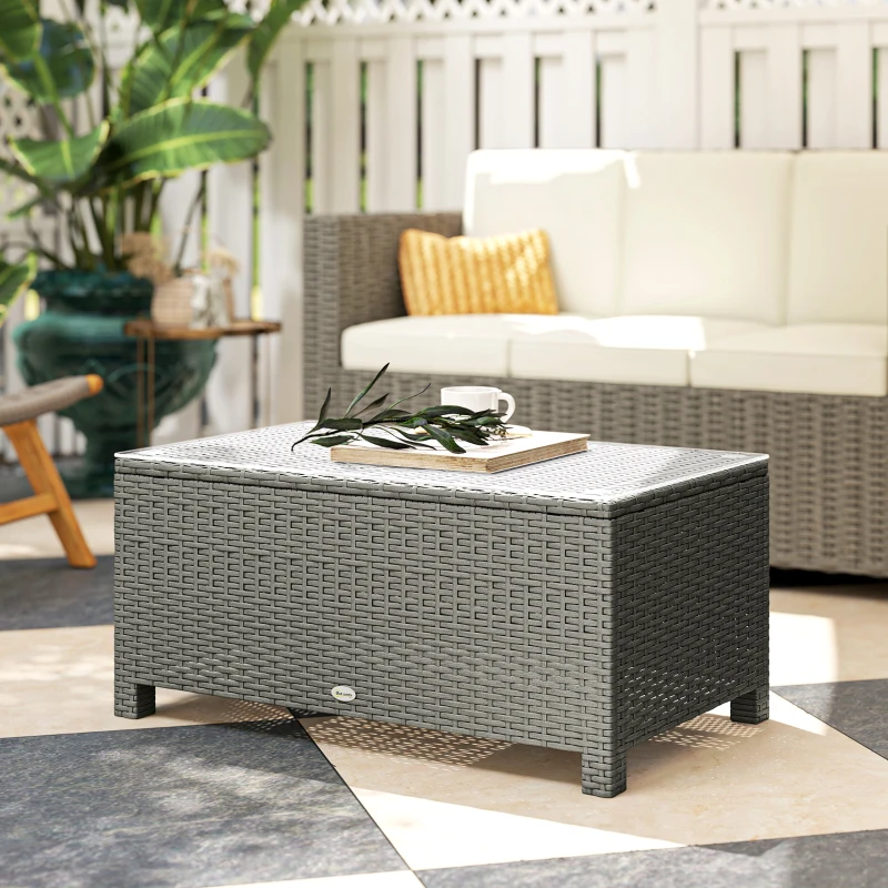 Outsunny Rattan Garden Coffee Table with Glass Top, Light Grey