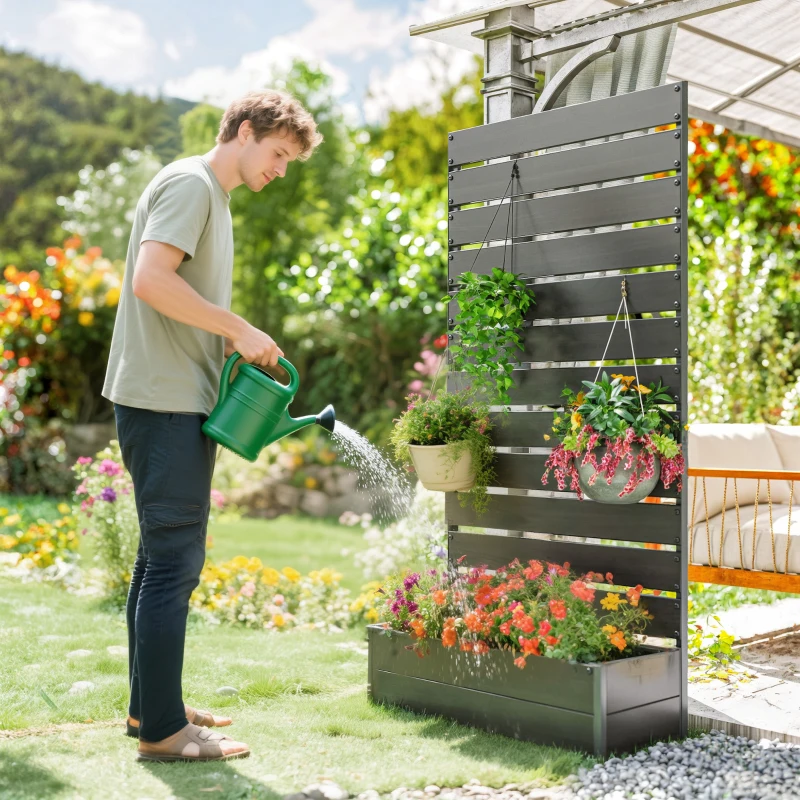 Outsunny Jardinière surélevée avec treillis pour plantes grimpantes bac à fleurs de 64L, composite bois-plastique et aluminium
