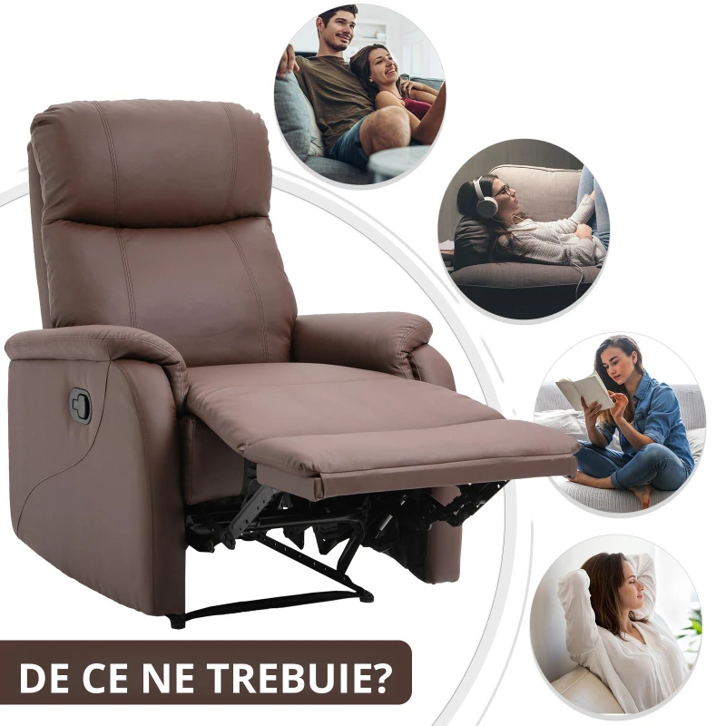 HOMCOM Fotoliu Relax Manual cu Spătar Reclinabil – Piele Sintetică Maro