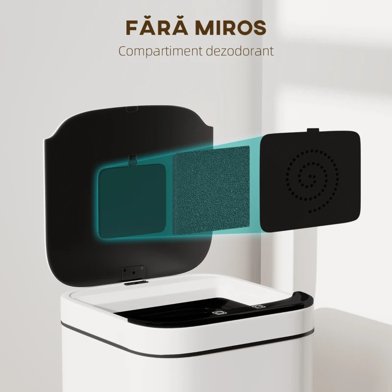 HOMCOM Coș de Gunoi de 13L cu Senzor și Spațiu pentru Deodorante, Coș din Oțel Galvanizat și PP, 24x24x41 cm, Alb și Negru