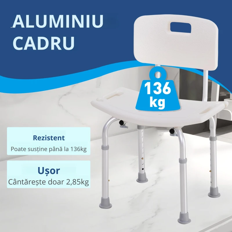 HOMCOM Scaun de Duș Antiderapant cu Spătar și Înălțime Reglabilă pe 8 Poziții, 50,6x43x71-88 cm, Alb