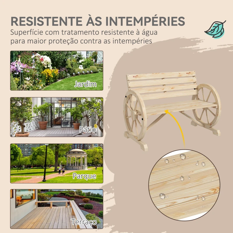 Outsunny Banco de Jardim de Madeira com Apoios em Forma de Roda para 2 Pessoas 105,5x56x79 cm Madeira