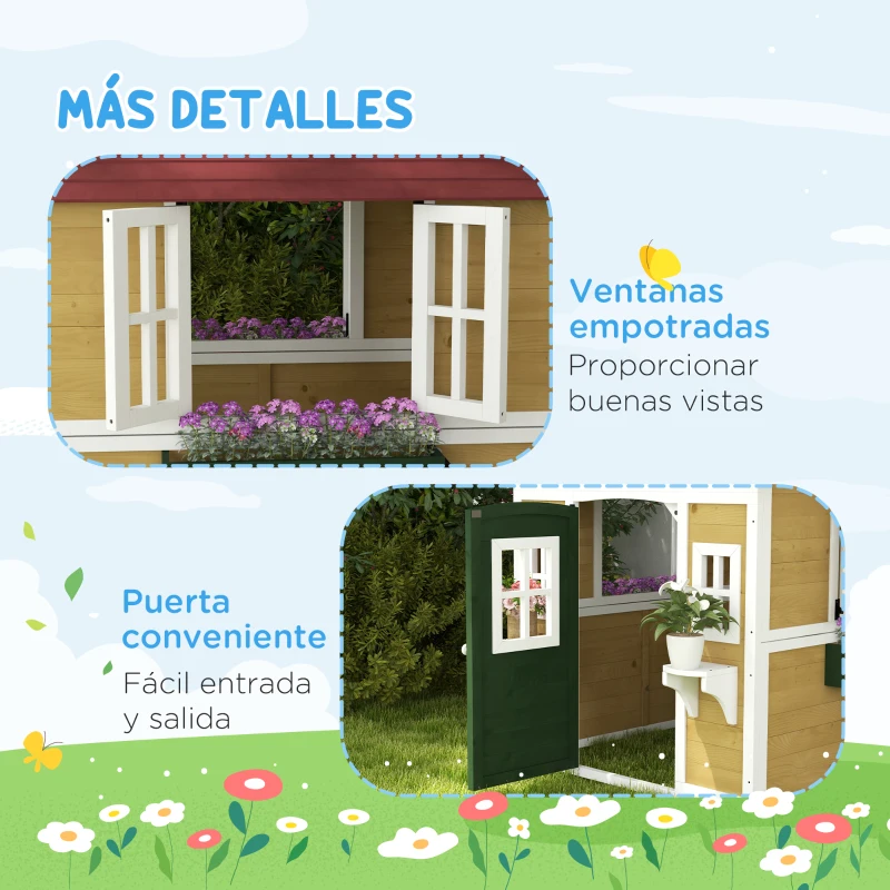 Outsunny Casita de Madera Infantil con Puerta Ventanas Jardineras y Repisas con Detalles de Color 114x126,4x135 cm Natural