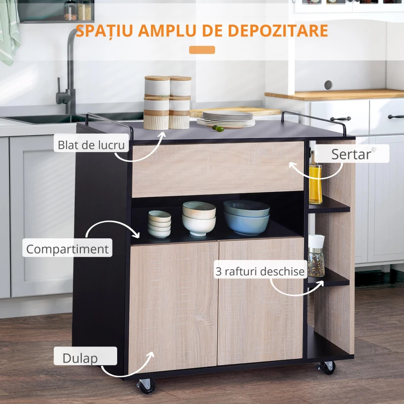 Homcom Dulapior Bucatarie cu Roti – Stejar & Negru, 76.5×40×82 cm
