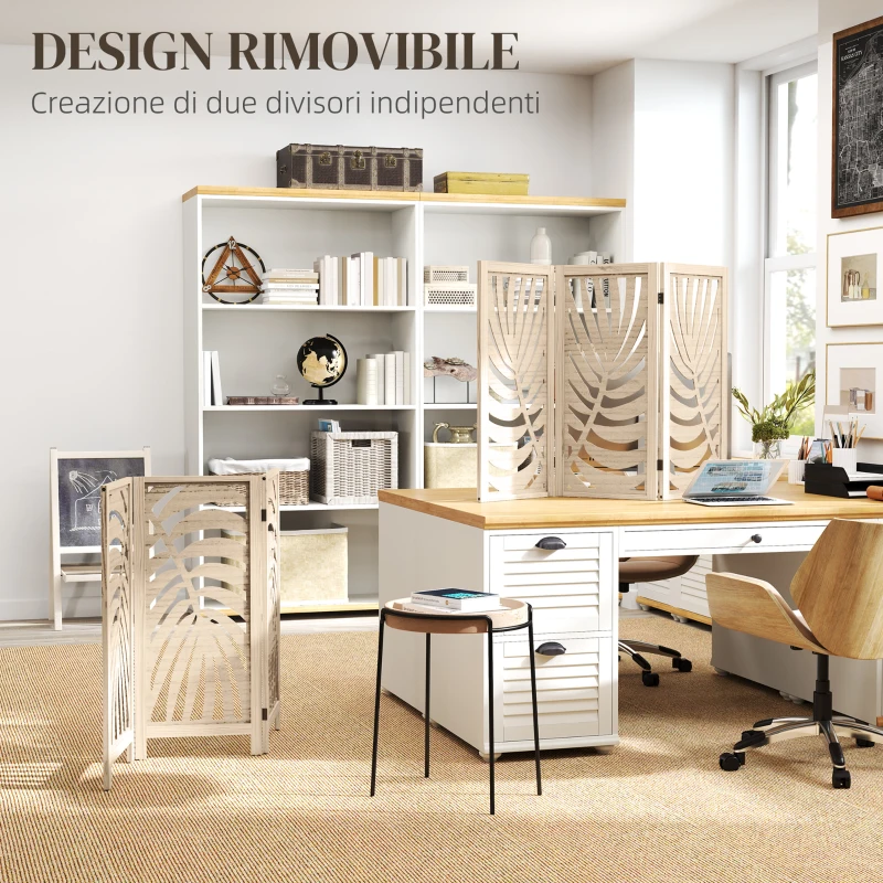 HOMCOM Paravento da Interno a 3 Pannelli Pieghevole e Separabile in Legno, Design a Foglie, 120x170 cm, Colore Legno