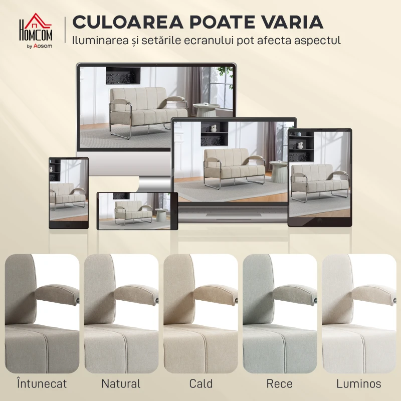 HOMCOM Canapea cu 2 Locuri Tapițată în Chenille cu Cusături Duble, Canapea Modernă cu Brațe și Picioare din Oțel, pentru Living, Birou și Dormitor, 120x73x76 cm, Bej