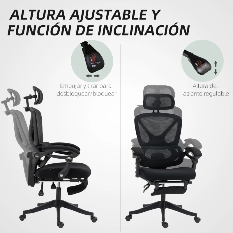 HOMCOM Silla de Escritorio de Malla Reclinable con Reposacabezas Soporte Lumbar Reposapiés y Altura Regulable Carga 135kg Negro