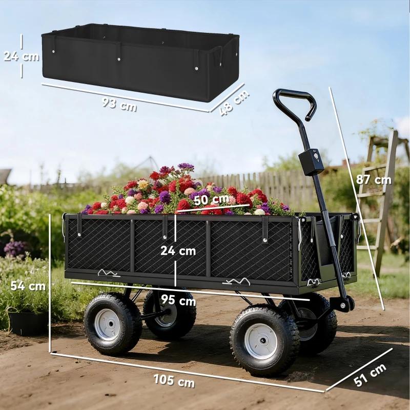 Outsunny Carrito de Jardín con Ruedas Grandes Bolsa Impermeable Removible y Mango Giratorio Carga 300 kg 105x51x54 cm Negro