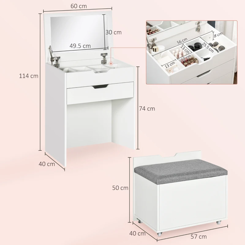 HOMCOM Dressing Table with Flip-up Mirror and Storage Stool, Vanity Table with Drawer and Hidden Compartments for Bedroom, Living Room, White
