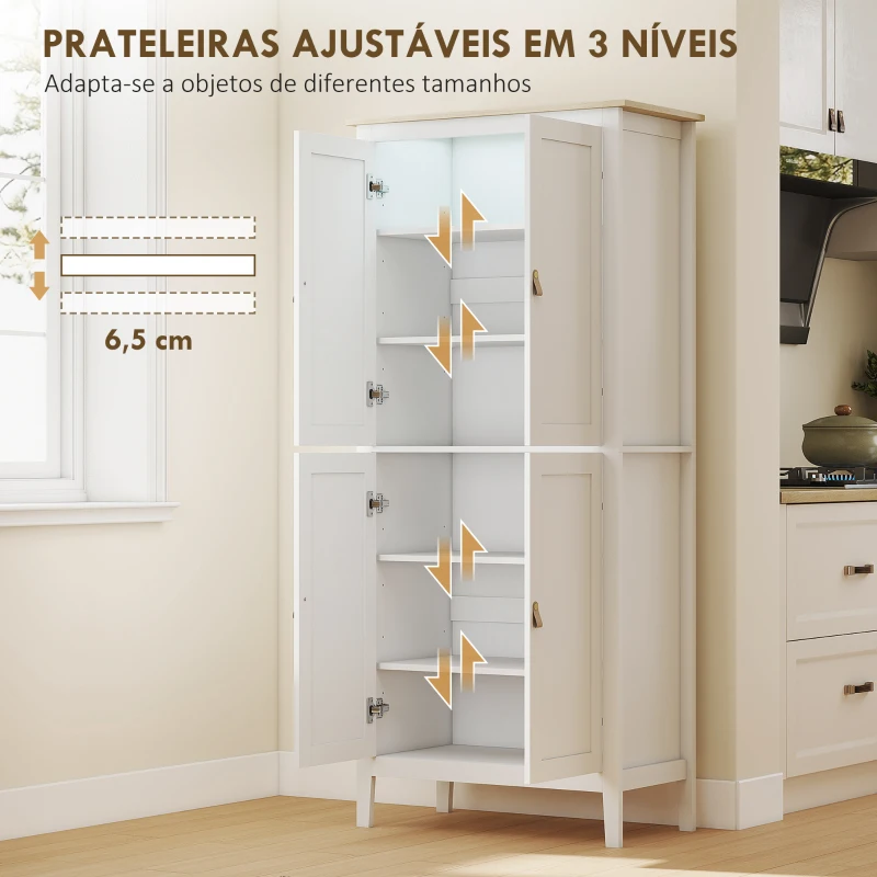 HOMCOM Armário de Cozinha com Luz LED Sensor de Movimento Móvel Auxiliar de Cozinha com Iluminação Regulável em 3 Cores 4 Portas e Prateleiras Ajustáveis 80x40x176,5 cm Branco