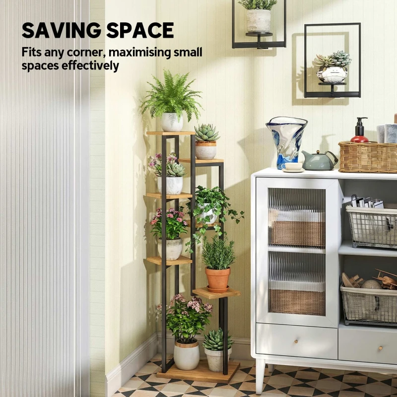 Outsunny 7-lagen Plantenstandaard, 130 cm hoge Bloemenstandaard, Trapsgewijs Plantenrek van Hout, Meerlagig Lichtbruin