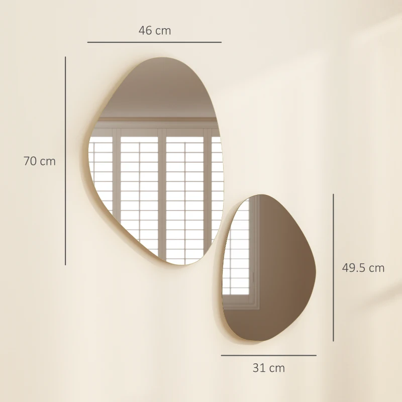 HOMCOM Set of 2 Pebble-Shaped Wall Mirror - Gold Tone