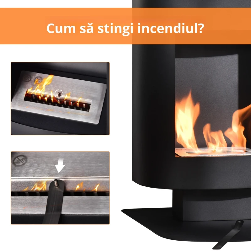 Semineu cu alcool portabil HOMCOM, fara aerisire, cu arzatoare cu bioetanol de 0.9 L/ 3 ore, incalzitoare cu baza din otel de 2000 W pentru interior si exterior, Negru