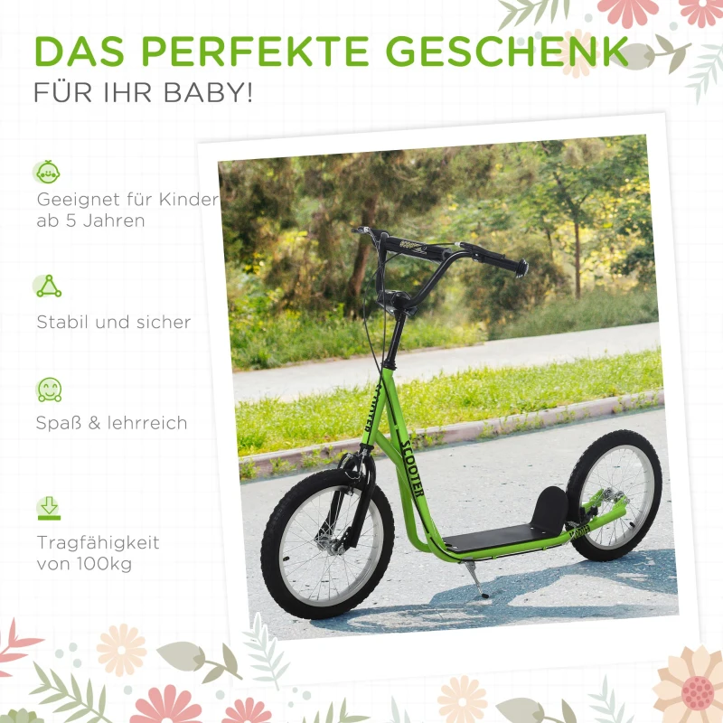 HOMCOM Kinderstep 5 Jaar, Verstelbare Kinderscooter Met Luchtbanden, Groente(m-6)