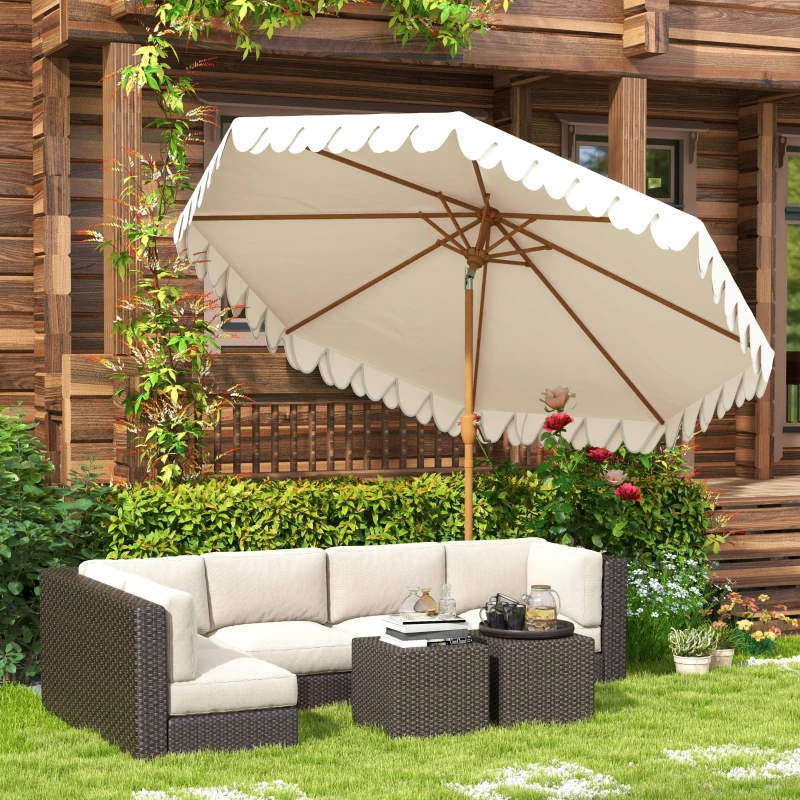 Outsunny Sombrilla de Jardín Ø264x240 cm con Ángulo Ajustable Manivela y Toldo con Volantes Decorativos para Patio Terraza Crema