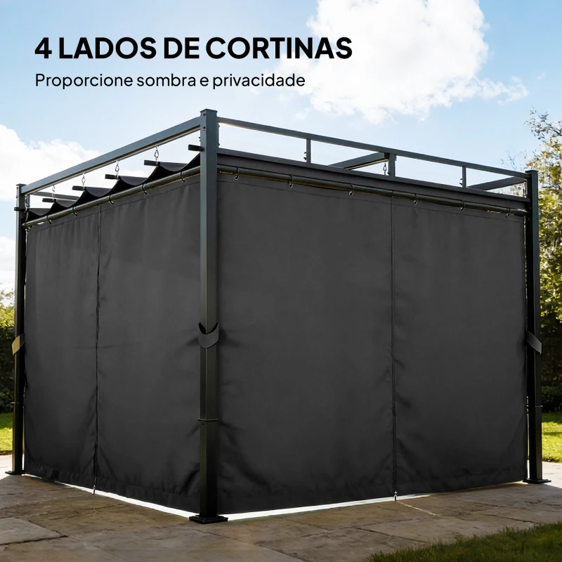 Outsunny Pérgola de Jardim 295x295x221 cm com Teto Retrátil e Cortinas UPF30+ Estrutura Metálica Pérgola para Exterior Cinzento Escuro