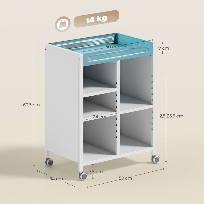 HOMCOM Boekenkast op Wielen, 4-laags, Verstelbare Planken & Hangmanden voor Home Office en Woonkamer, Wit