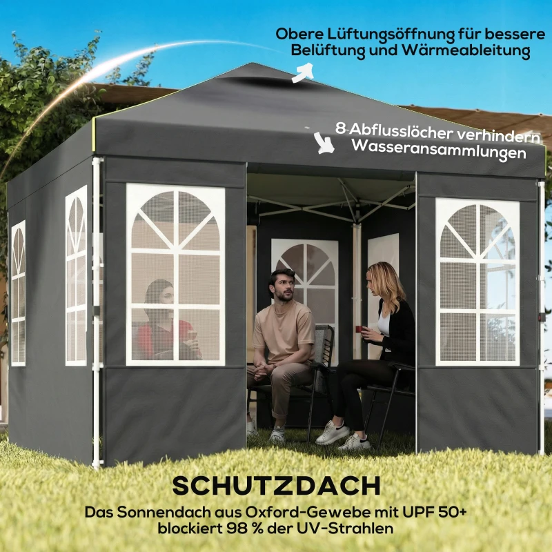 Outsunny Pavillon 3x3m Wasserdicht Stabil Winterfest Pop-up Faltpavillon, Ein-Knopf-Aufbau, UV 50+ Dunkelgrau