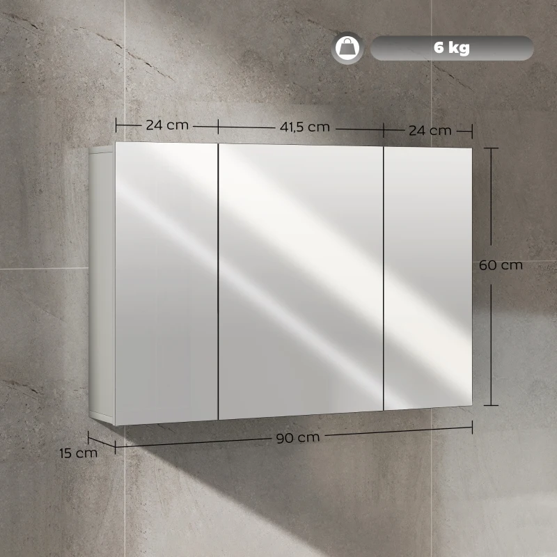 kleankin Armário de parede para casa de banho com 3 portas com espelho e prateleiras ajustáveis em MDF Cinza dim. 90L x 15l x 60H cm