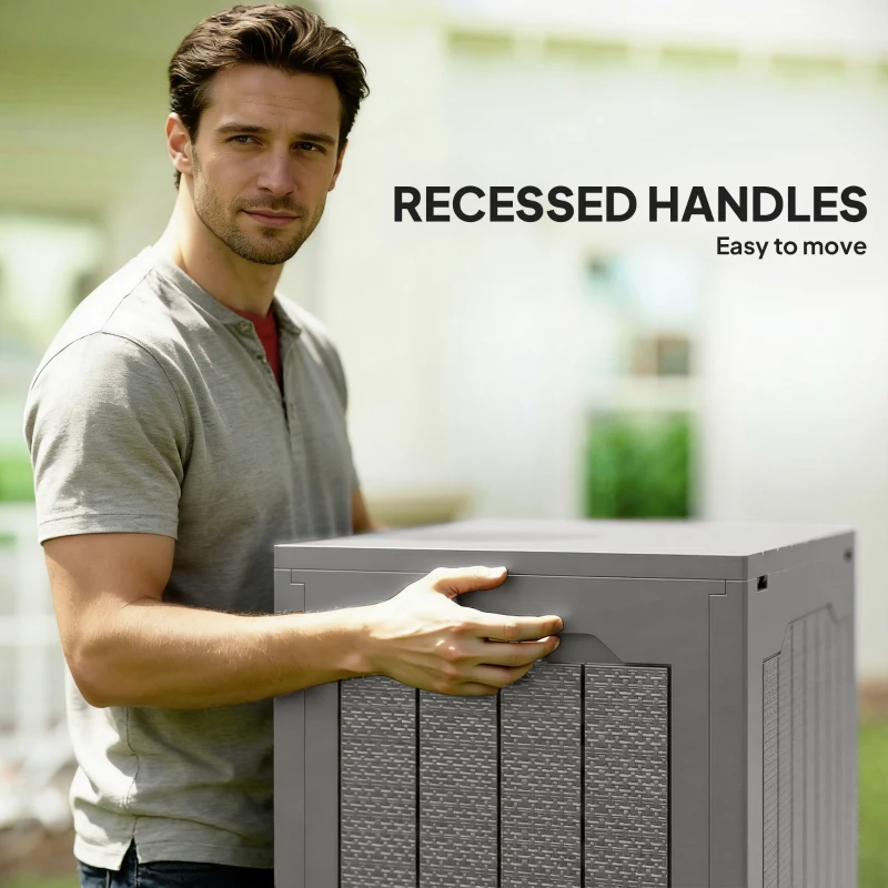 Outsunny 93L Plastic Garden Storage Box, Outdoor Storage Box with Handles, Waterproof Outdoor Storage Container, Khaki