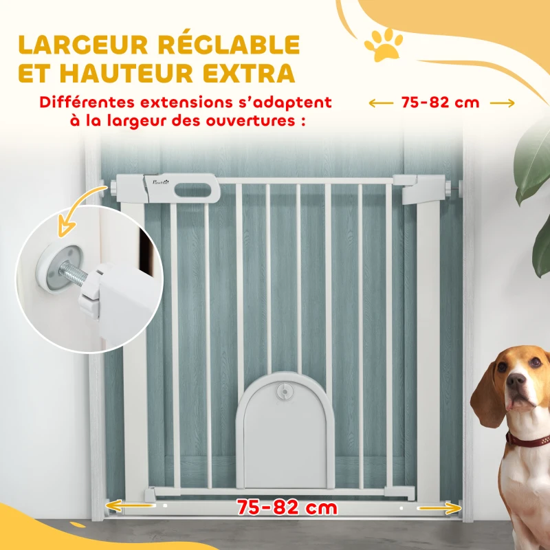 PawHut Barrière de sécurité animaux avec porte fermeture automatique système de double verrouillage, acier blanc