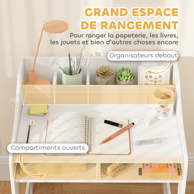 AIYAPLAY Ensemble bureau et chaise pour enfant 3 à 8 ans avec compartiments et étagères ouverts, blanc