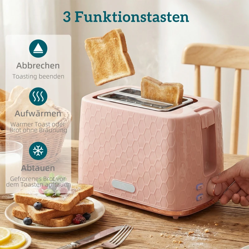 HOMCOM Waterkoker- en Toaster-Set, 1,7L 2200W Snelkook-Waterkoker met Automatische Uitschakeling en 2-Sneetjes Toaster met Kruimellade, Roze
