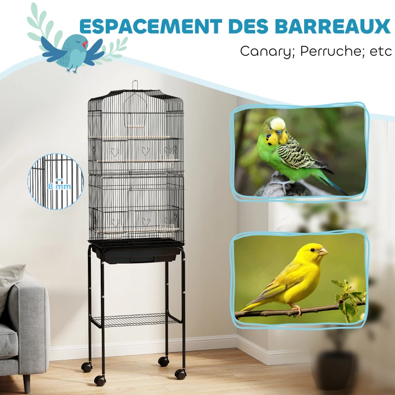 PawHut Cage à oiseaux sur pied volière oiseaux sur roulettes toit ouvrant 3 perchoirs étagère inférieure 46,5x36x157cm noir