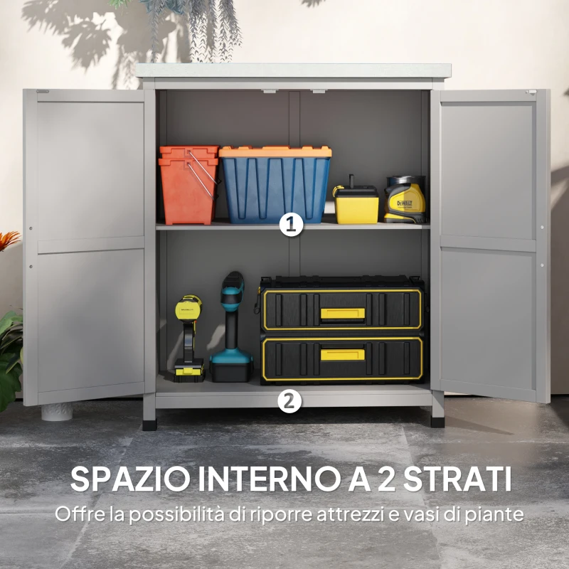 Outsunny Armadio da Esterno con Ripiano e Banco da Lavoro in Legno e Acciaio, 79x43x92 cm, Grigio