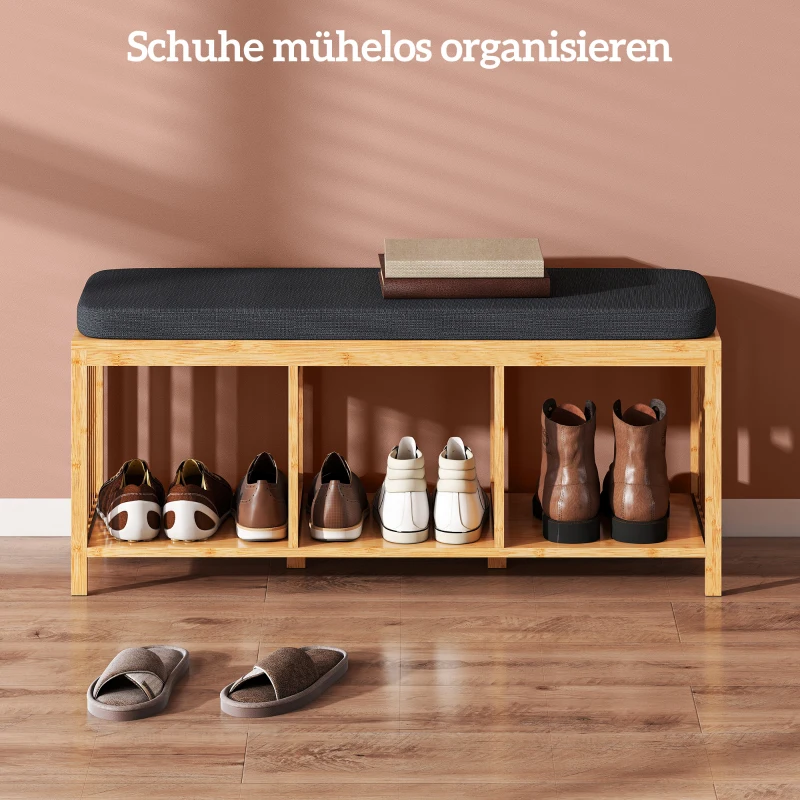 HOMCOM Bamboe Schoenenbank, Halbank met Gewatteerd Zitkussen en Open Vakken, Naturel Houtlook
