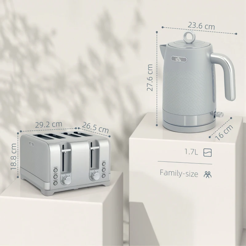 HOMCOM Sleek Textured Kettle and Four-Slice Toaster Set - Grey