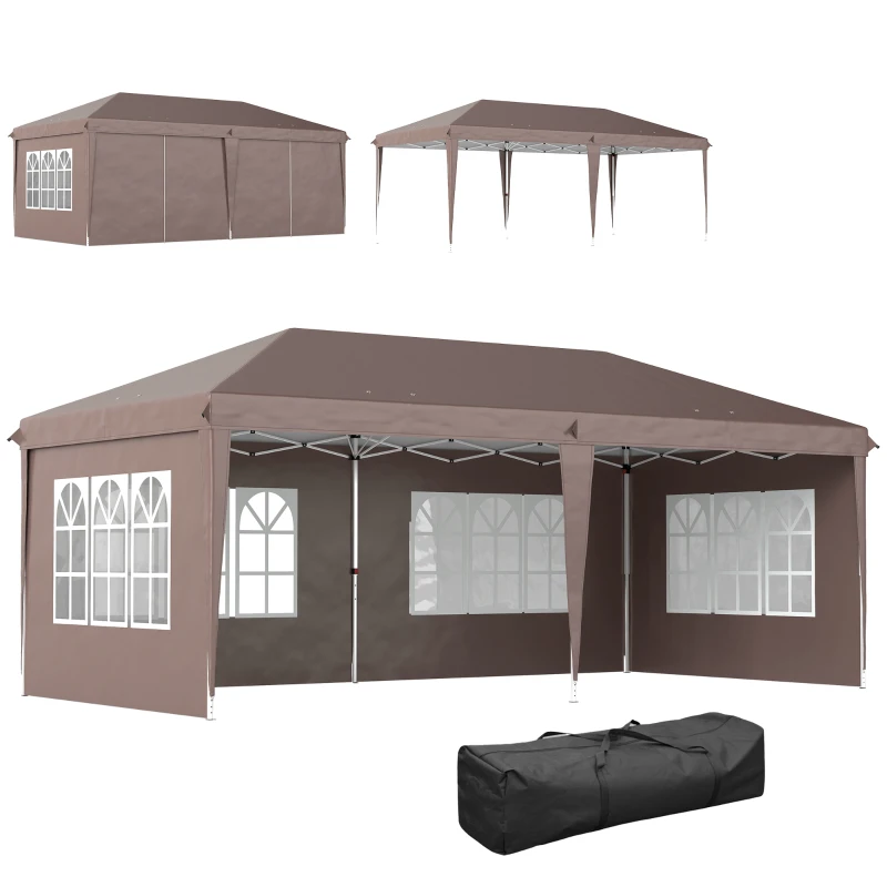 Outsunny Carpa Plegable 6x3 m Pop-up con 4 Laterales Desmontables Cenador de Jardín con 4 Ventanas y Bolsa de Transporte Café