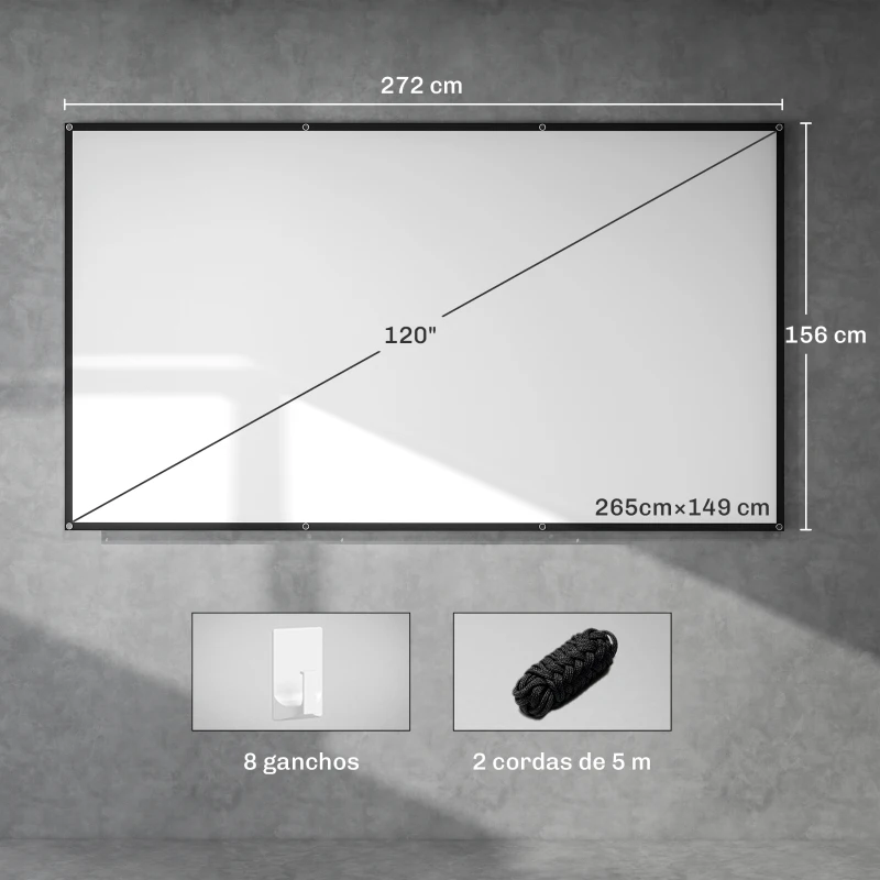 HOMCOM Tela de Projeção Manual 120 Polegadas Formato 16:9 HD 4K/8K para Interior e Exterior Branco