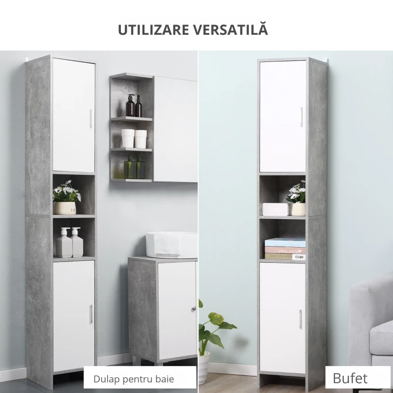 Kleankin Dulap Baie Coloana – 30×30×180 cm, Lemn Efect Ciment