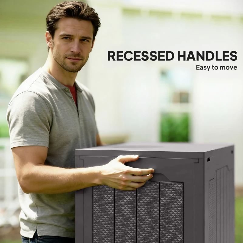 Outsunny 93L Plastic Garden Storage Box, Outdoor Storage Box with Handles, Waterproof Outdoor Storage Container, Brown