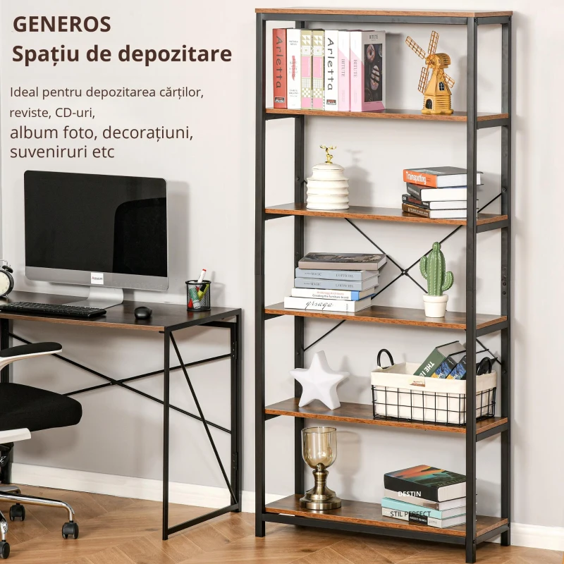 Homcom Biblioteca Industriala Vintage – 6 Rafturi din Lemn & Metal Negru
