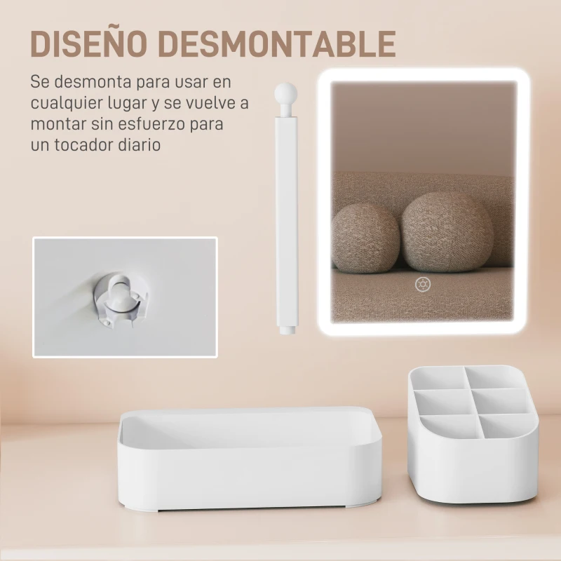 HOMCOM Espejo Maquillaje con Luz Recargable con 2 Modos de Iluminación Rotación de 180° Brillo Ajustable Blanco