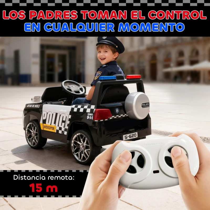 AIYAPLAY Coche Eléctrico para Niños de Policía con Mando a Distancia Motor Doble Sirena Suspensión en 4 Ruedas y Faros Blanco