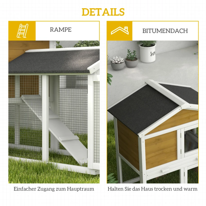 PawHut Hasenstall 2 Etagen Kaninchenstall Holz Kaninchenkäfig mit Bitumendach Freilaufgehege Rampe Türen 147x54x84 cm Gelb