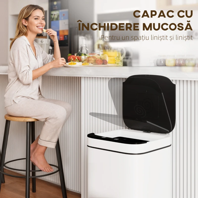 HOMCOM Coș de Gunoi de 13L cu Senzor și Spațiu pentru Deodorante, Coș din Oțel Galvanizat și PP, 24x24x41 cm, Alb și Negru