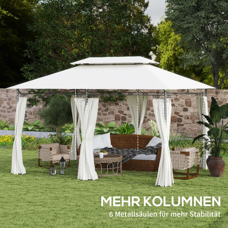 Outsunny Gartenpavillon Doppeldach, 6 Seitenteile, Wasserabweisend, Für Garten Terrasse, 4x3 m, Cremeweiß