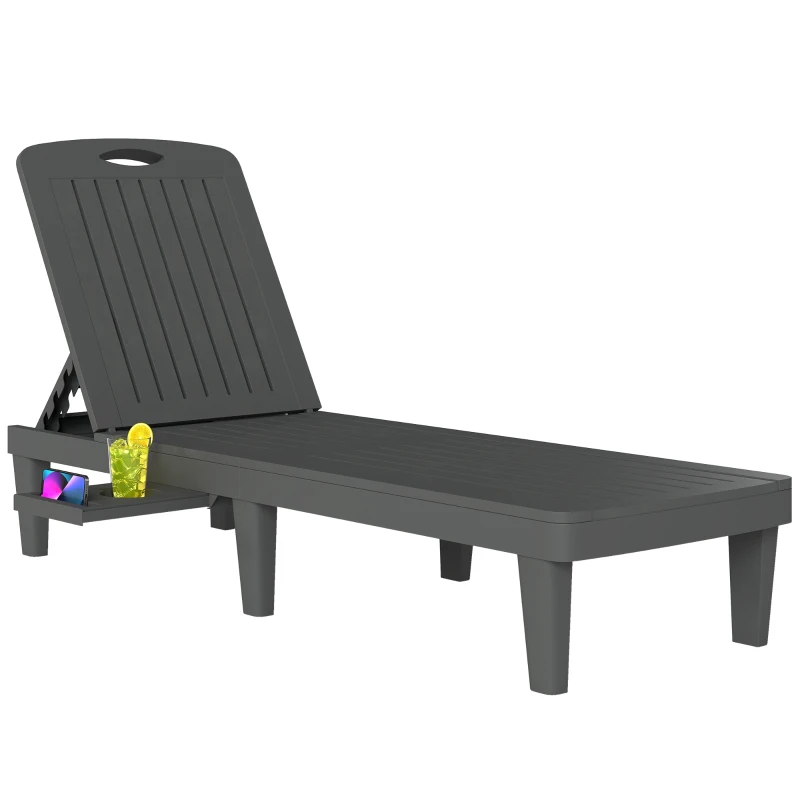 Outsunny Set di 2 lettini da giardino in plastica PP con vassoio laterale, reclinabili in 5 posizioni, grigio