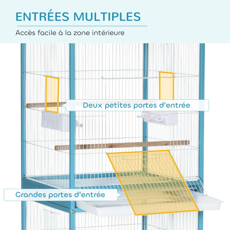 PawHut Grande Cage à Oiseaux sur pied double avec mangeoires perchoirs plateau amovible roulettes - Dim. 51,5L x 50l x 140H cm